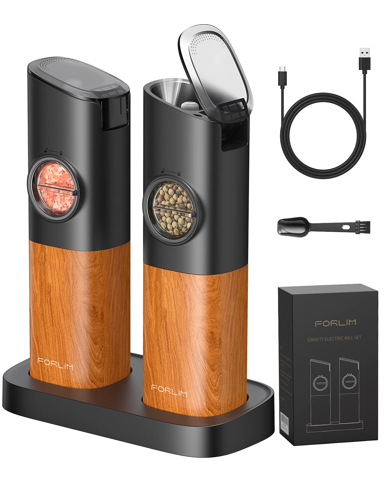 FORLIM Gravity Electric Salt and Pepper Grinder Set, Upgraded Large Capacity, USB Rechargeable Pepper grinder Automatic One Hand Operated, Adjustable Coarseness with LED Light（Natural Wood Grain）