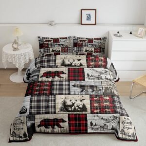 rustic cabin comforter set queen woodland wolf deer bear comforter for kids adults,red black buffalo plaid bedding set wildlife camping lodge mountain quilt bedding southwestern farmhouse decor