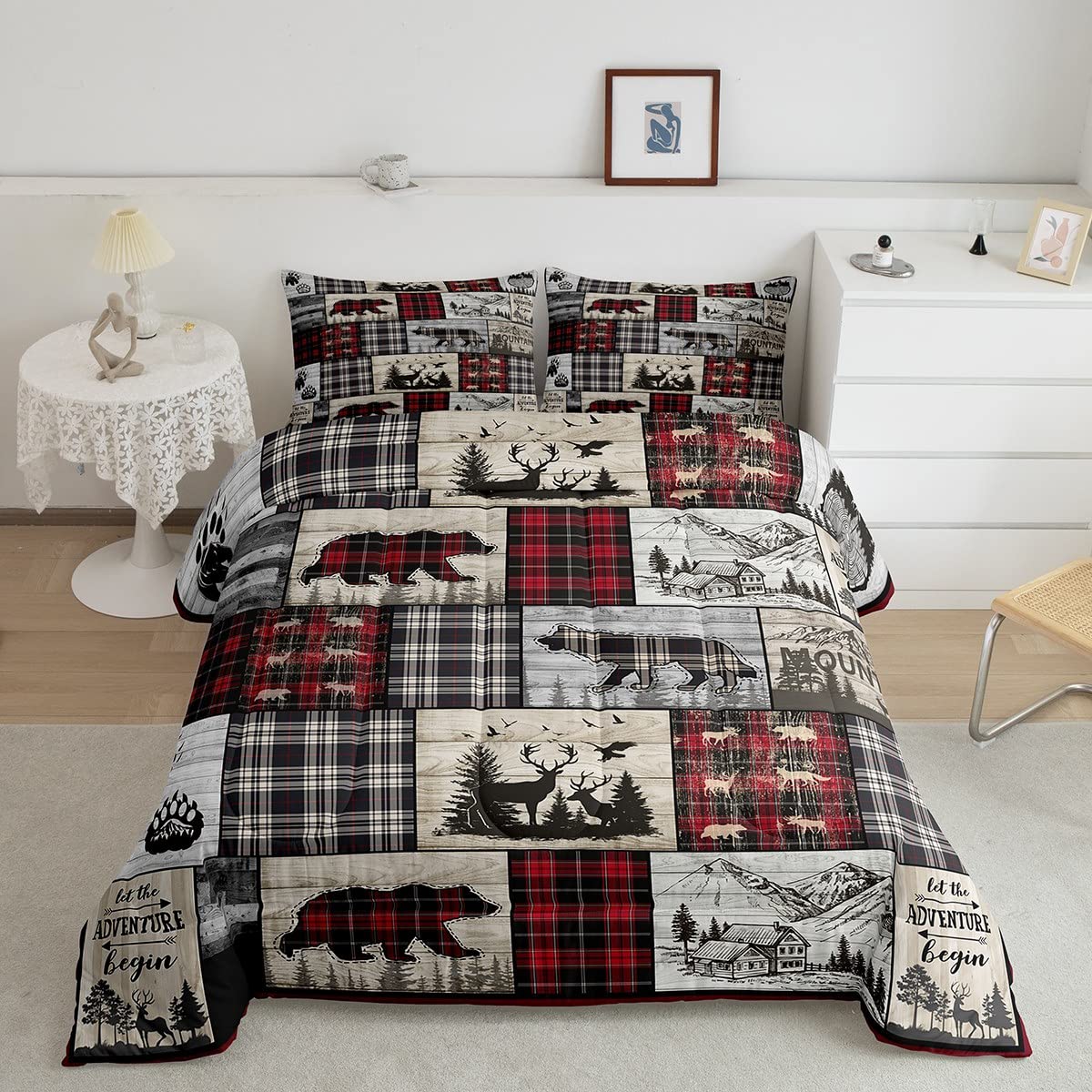 Rustic Cabin Comforter Set Queen Woodland Wolf Deer Bear Comforter For Kids Adults,Red Black Buffalo Plaid Bedding Set Wildlife Camping Lodge Mountain Quilt Bedding Southwestern Farmhouse Decor