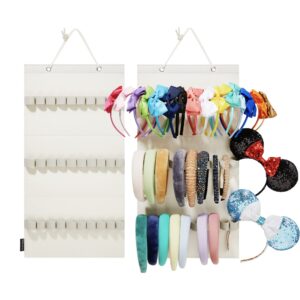 huhynn hanging headband organizer with 30 elastic loops for women girls headbands display, wall headband holder organizer for home (beige)