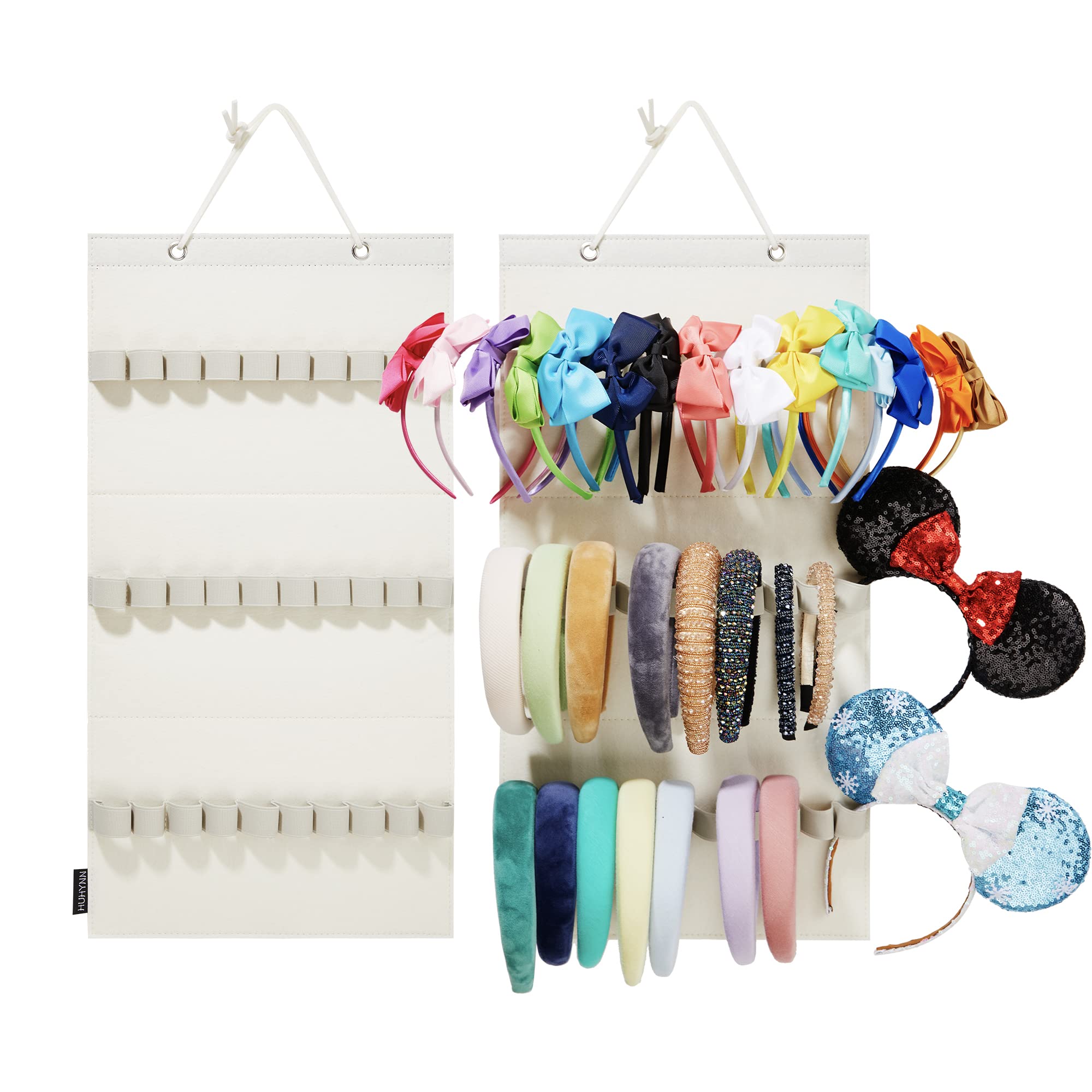 HUHYNN Hanging Headband Organizer with 30 Elastic Loops for Women Girls Headbands Display, Wall Headband Holder Organizer for Home (Beige)