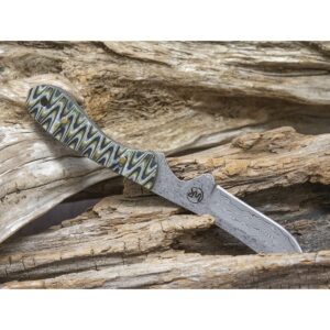 WHISKEY BENT HAT CO. Sendero Caper 440 Stainless Steel Fixed Blade Knife w/Leather Sheath (Brown Fang - Damascus Blade)