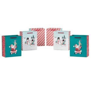 hallmark 6" small vintage christmas gift bag bundle (6 bags: retro santa, snowmen, red, green and white stripes) for gift cards, party favors, treat bags, teacher presents