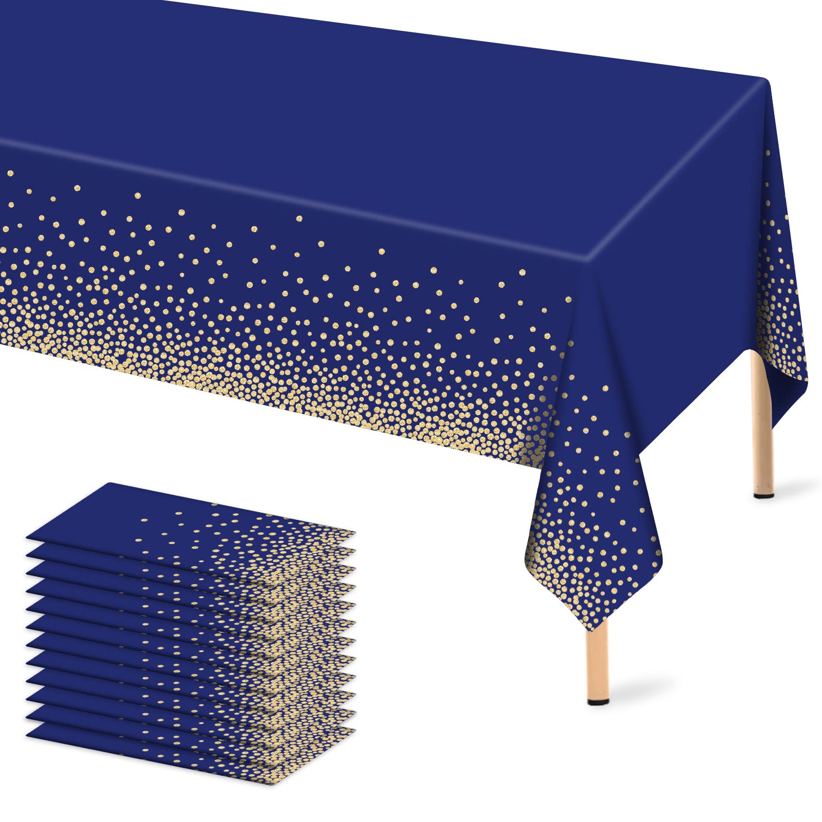 12 Pcs Navy Blue Plastic Tablecloth Gold Dot Blue Table Cloth, 54×108 inches Disposable Gold Dot Confetti Dark Blue Table Cover for Anniversary, Friendsgiving, Fine Dining, Graduation Party Decoration