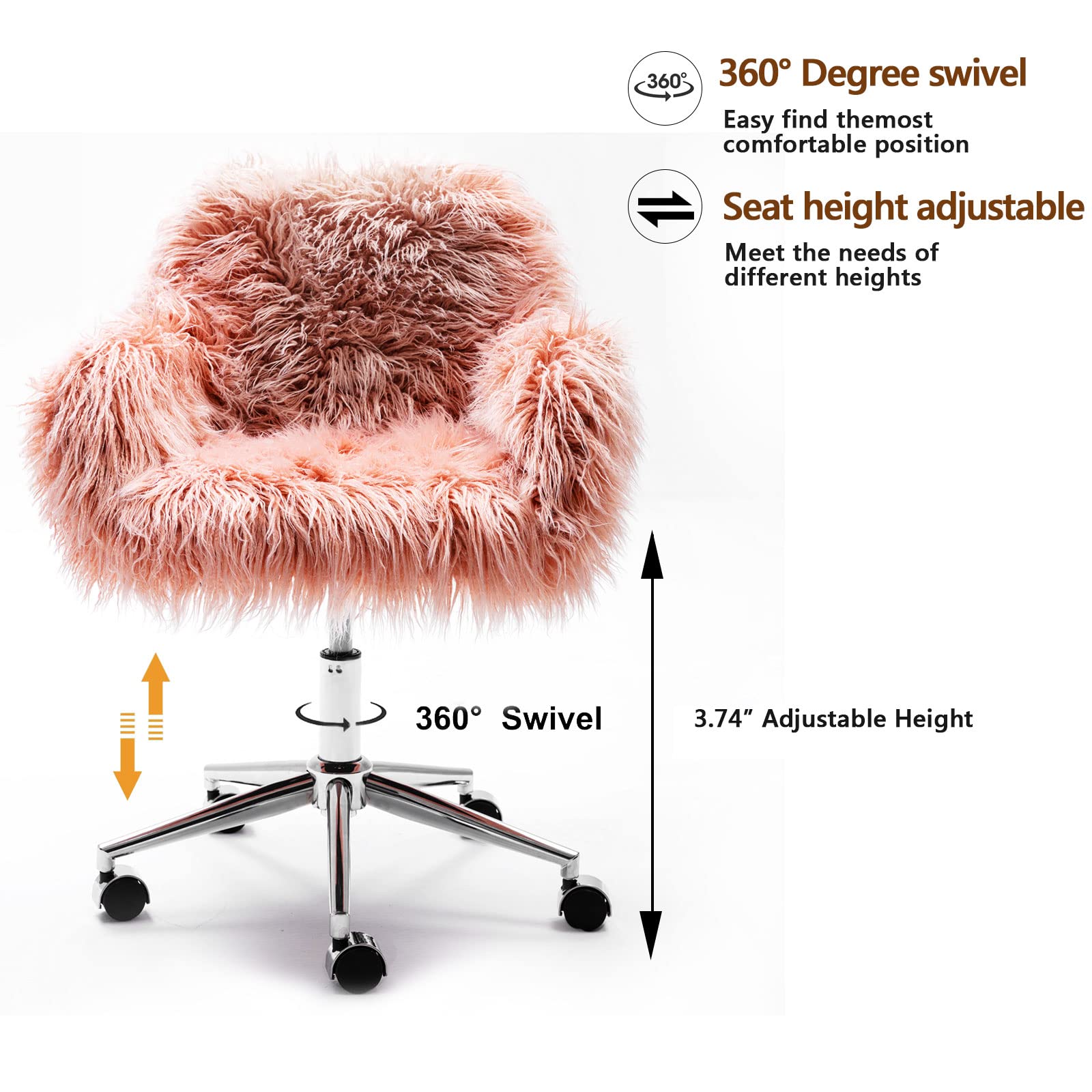 Modern Swivel Vanity Chair with Wheels for Bedroom Pink Faux Fur Desk Chair for Makeup Room Cute Upholstered Accent Swivel Chair for Living Room Small Home Office