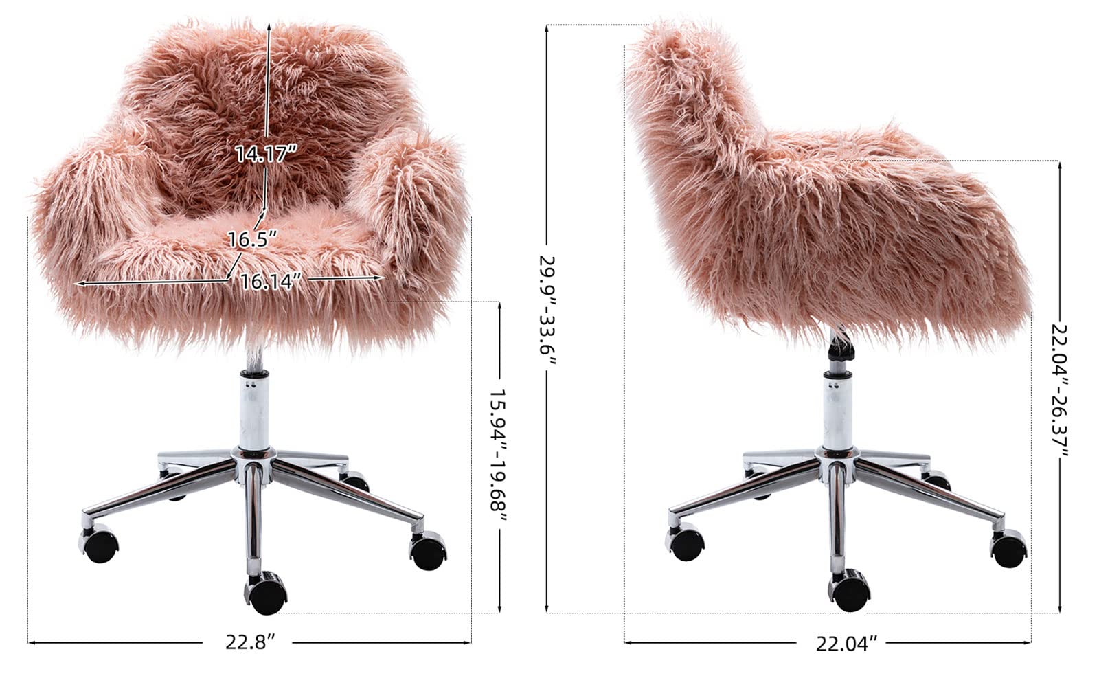 Modern Swivel Vanity Chair with Wheels for Bedroom Pink Faux Fur Desk Chair for Makeup Room Cute Upholstered Accent Swivel Chair for Living Room Small Home Office