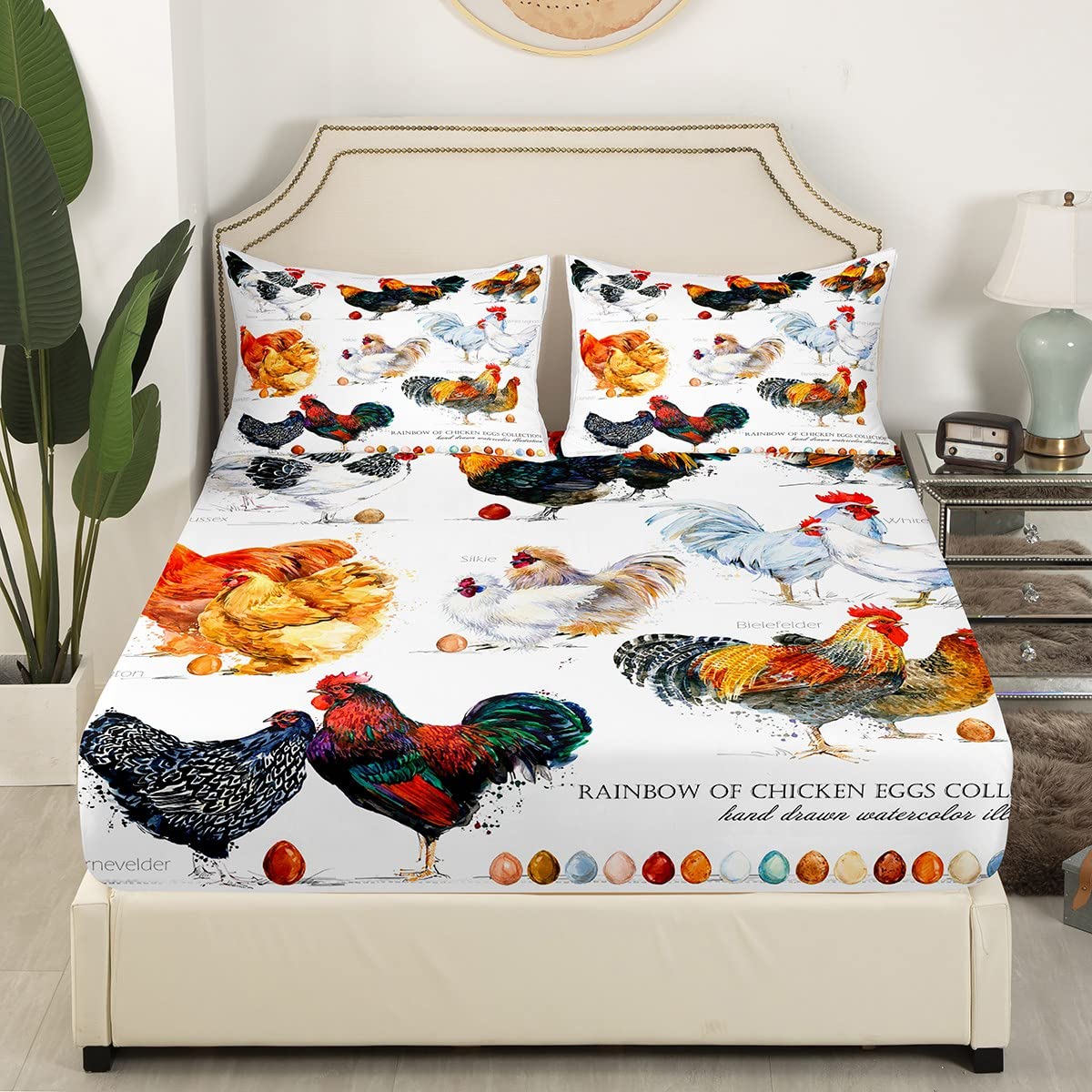 Chicken Breed Fitted Sheet Beautiful Rooster Bedding Set for Kids Boys Girls Rustic Farmhouse Bed Sheet Set Breathable Farm Animal Bed Cover Room Decor Bed Set Queen Size