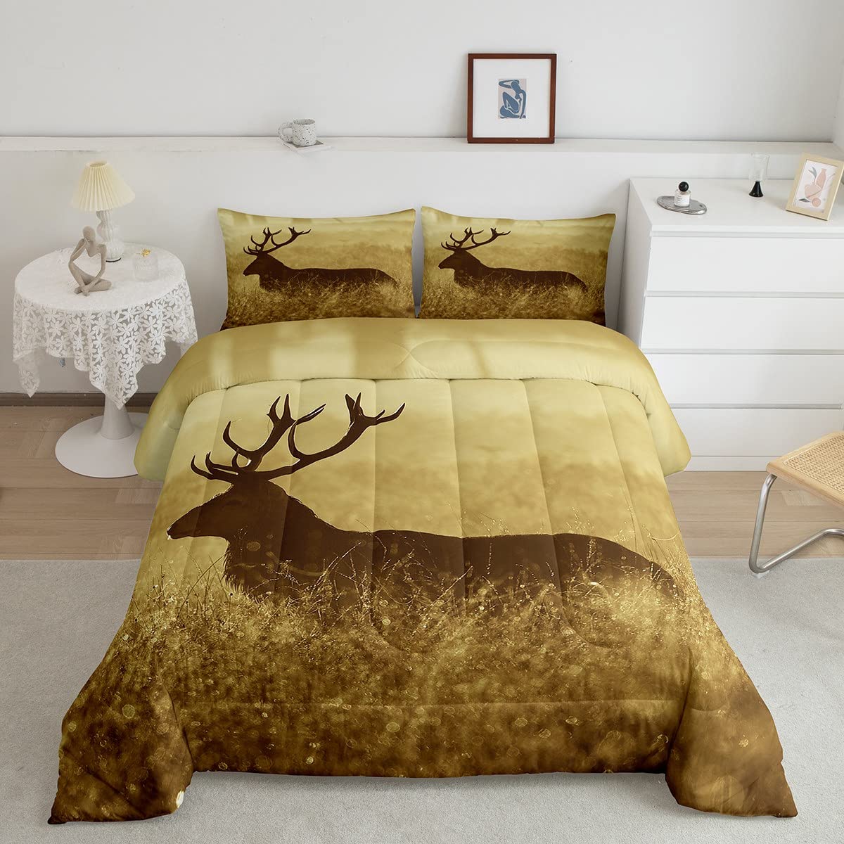 Deer Comforter Set Twin Size, Deer Antler Bedding Sets, Rural Hunting Theme Down Comforter, Rustic Countryside Style Duvet Insert, Wild Animals Quilt For Bedroom Decor All Season,Soft Lightweight