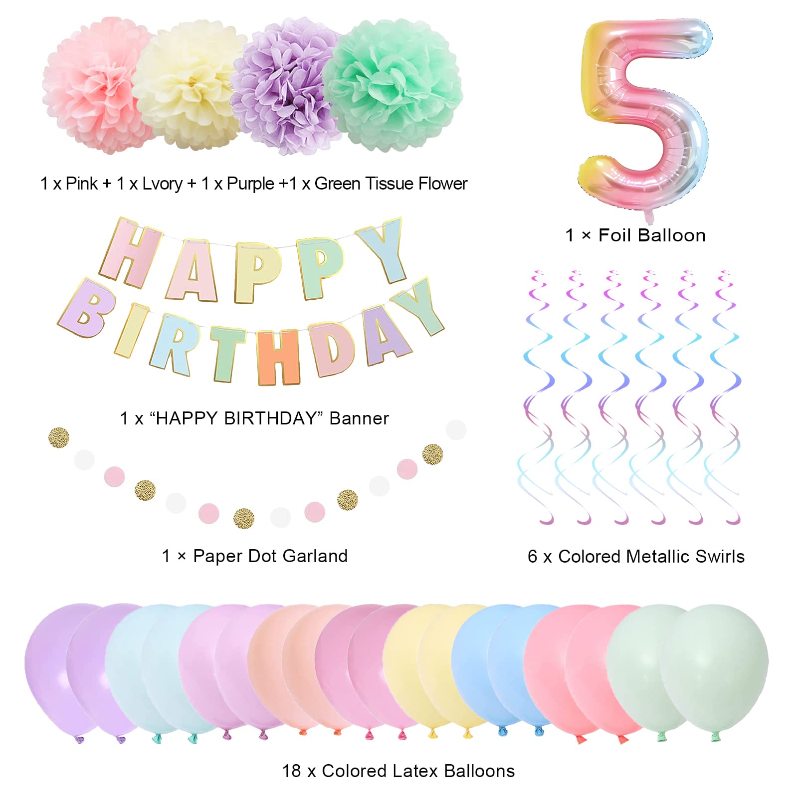 BRT Bearingshui 5th Birthday Decorations for Girls Boys, 40 Inch Rainbow Gradient Number 5 Balloon, 5th Birthday Balloon, Happy Birthday Banner, Children’s 5th Birthday Party Supplies for Kids