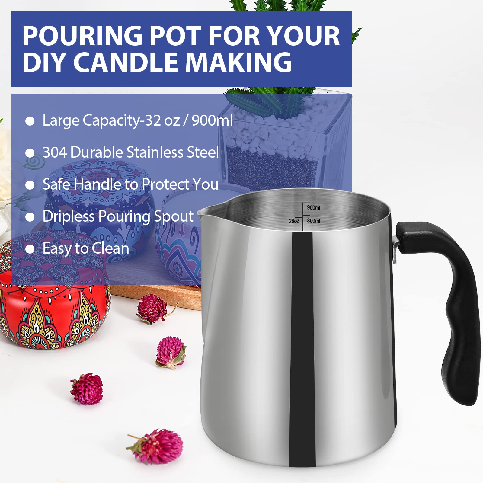 SAEUYVB 32oz Stainless Steel Wax Melting Pot with Heat-Resistant Handle and Dripless Pouring Spout for Candle Making