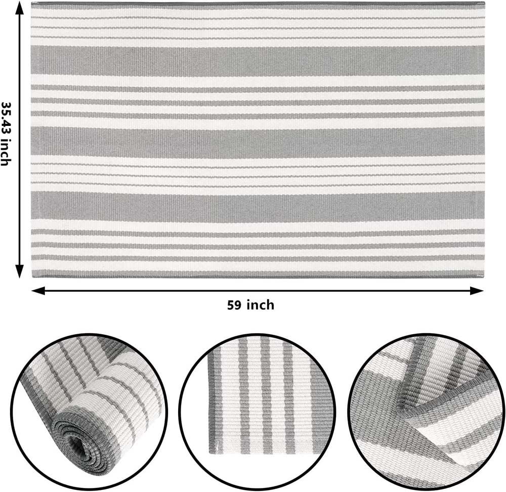 Grey and White Outdoor Rug 3'x 5' Front Porch Rug Cotton Hand-Woven Striped Rug Machine Washable Indoor/Outdoor Area Rug Front Door Floor Mat for Farmhouse/Layered Door Mats/Living Room/Entryway