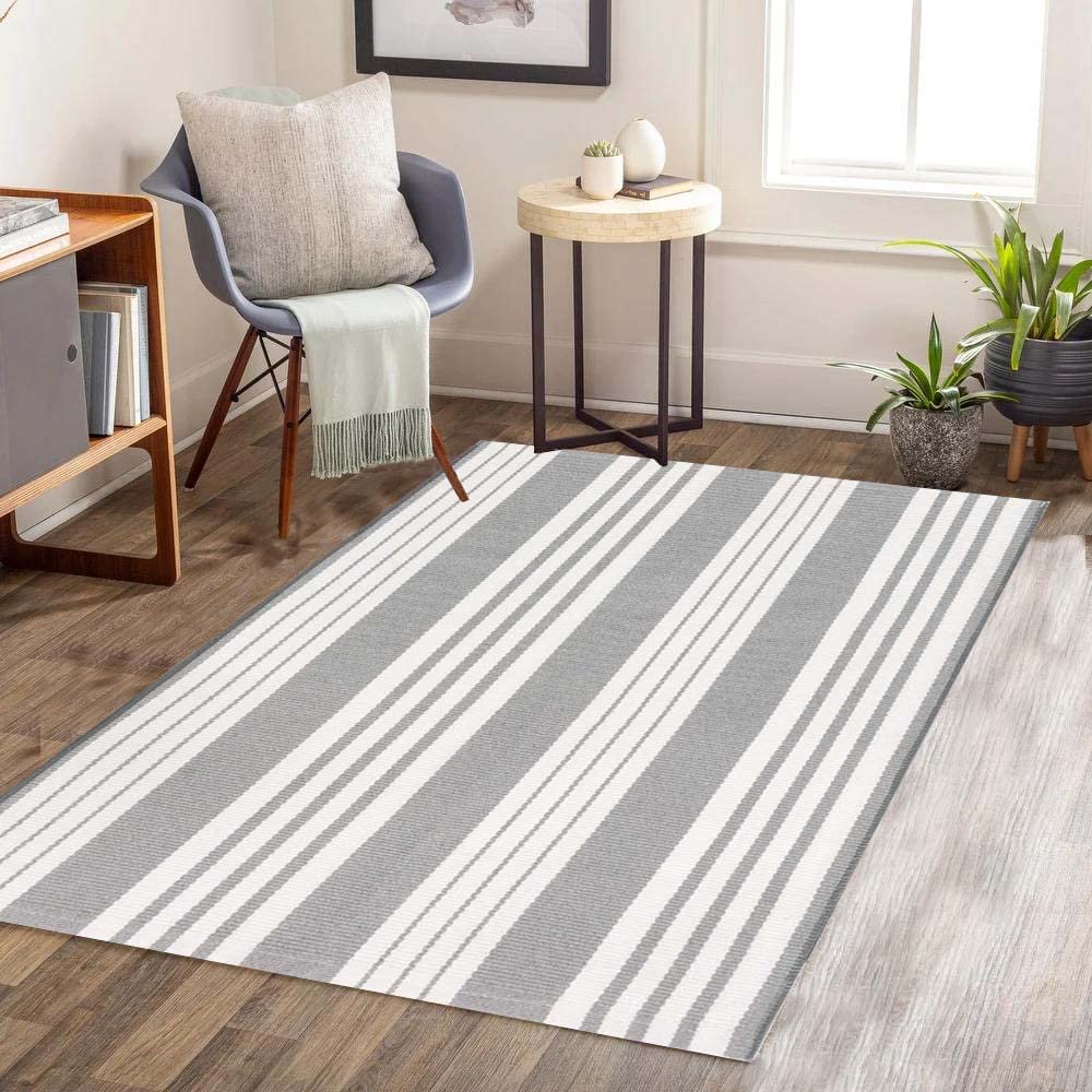 Grey and White Outdoor Rug 3'x 5' Front Porch Rug Cotton Hand-Woven Striped Rug Machine Washable Indoor/Outdoor Area Rug Front Door Floor Mat for Farmhouse/Layered Door Mats/Living Room/Entryway