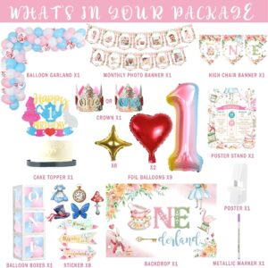 138 PCs Alice in Wonderland 1st Birthday Party Decorations, Hombae Alice in Onederland First Backdrop Balloon Garland Arrow Sign Monthly Photo Highchair Banner Box Cutout Cake Topper Crown Poster