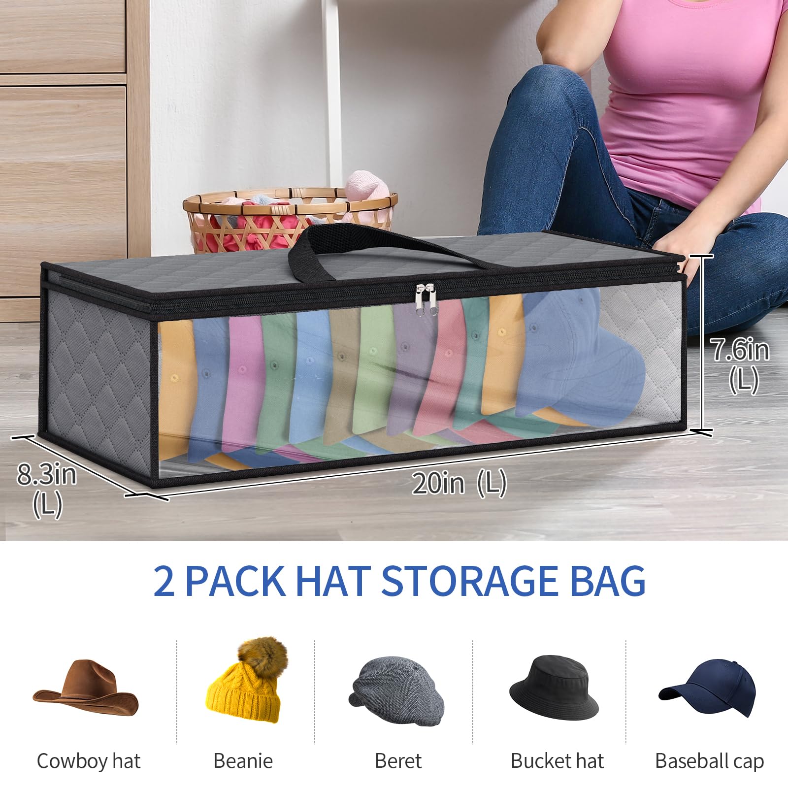 Fixwal 2 Pack Hat Storage Bag for Baseball, Caps Hat Organizer Case Hat Holder Rack with 2 Carry Handles for Closet Moisture & Dust Proof Holds Up to 20 Hats (Grey)