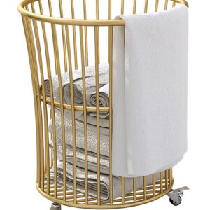 Rolling Laundry Hamper with Wheels,Metal Cart Basket Clothes Storage Organization Bin for Living Room,Bathroom,Bedroom or Kids Bedroom,Gold