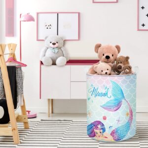 Clastyle 45L Colorful Mermaid Blue Girls Laundry Hamper Starfish Seashells Round Toy Clothes Storage Basket for Kids Room, 14.2x17.7 in