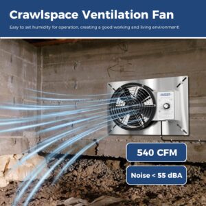 ALORAIR Stainless Steel Crawl Space Vent Fan, 540 CFM Air Out Ventilation Fan with Humidistat Dehumidistat, IP55 Rated Exhaust Fan with Isolation Mesh for Crawlspace Foundation Basements Garage Attic