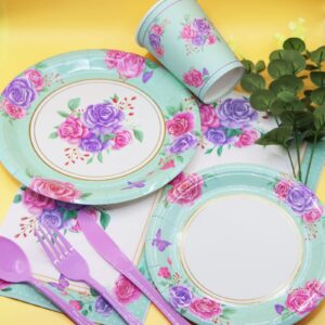 Decodinli 125 PCS Floral Party Supplies, Floral themed Disposable Plates, Cups, Napkins for Birthday, Baby Shower, Bridal Shower, Tea Party, Mothers Day, Serves 25