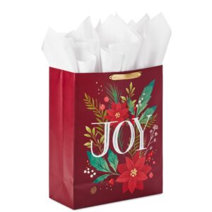 Hallmark 15" Extra Large Christmas Gift Bag with Tissue Paper (Dark Red with Poinsettia Flowers, "JOY") for Mom, Sister, Grandmother, Wife, Teacher, Boss