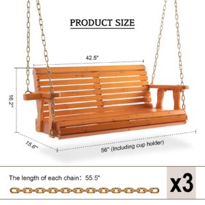 Porch Wooden Swings with Chain - Outdoor Finished Hanging Bench Swing Chair Furniture 2 Seater, Natural for Garden, Courtyard, Patio