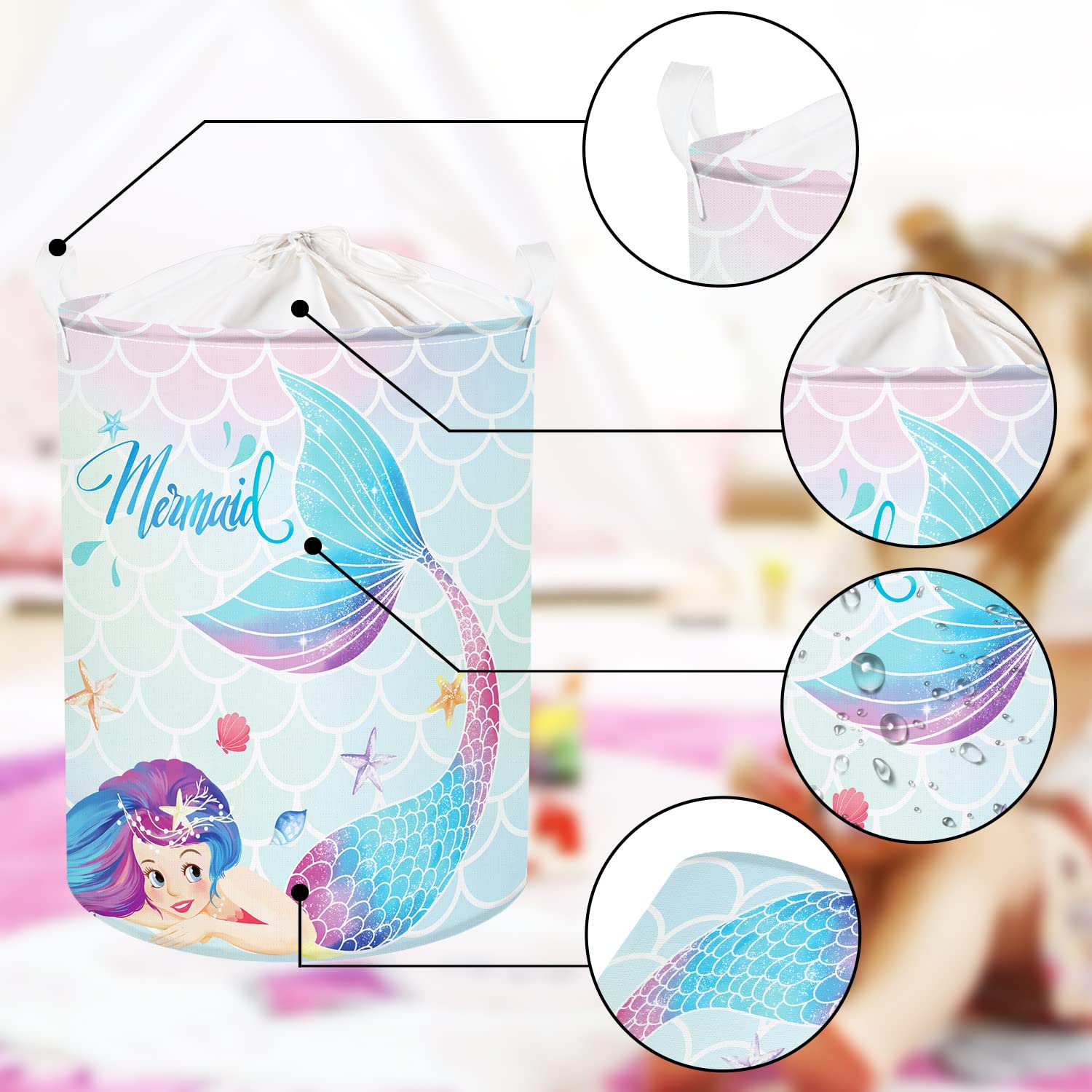 Clastyle 45L Colorful Mermaid Blue Girls Laundry Hamper Starfish Seashells Round Toy Clothes Storage Basket for Kids Room, 14.2x17.7 in