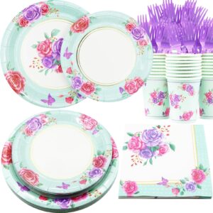 decodinli 125 pcs floral party supplies, floral themed disposable plates, cups, napkins for birthday, baby shower, bridal shower, tea party, mothers day, serves 25