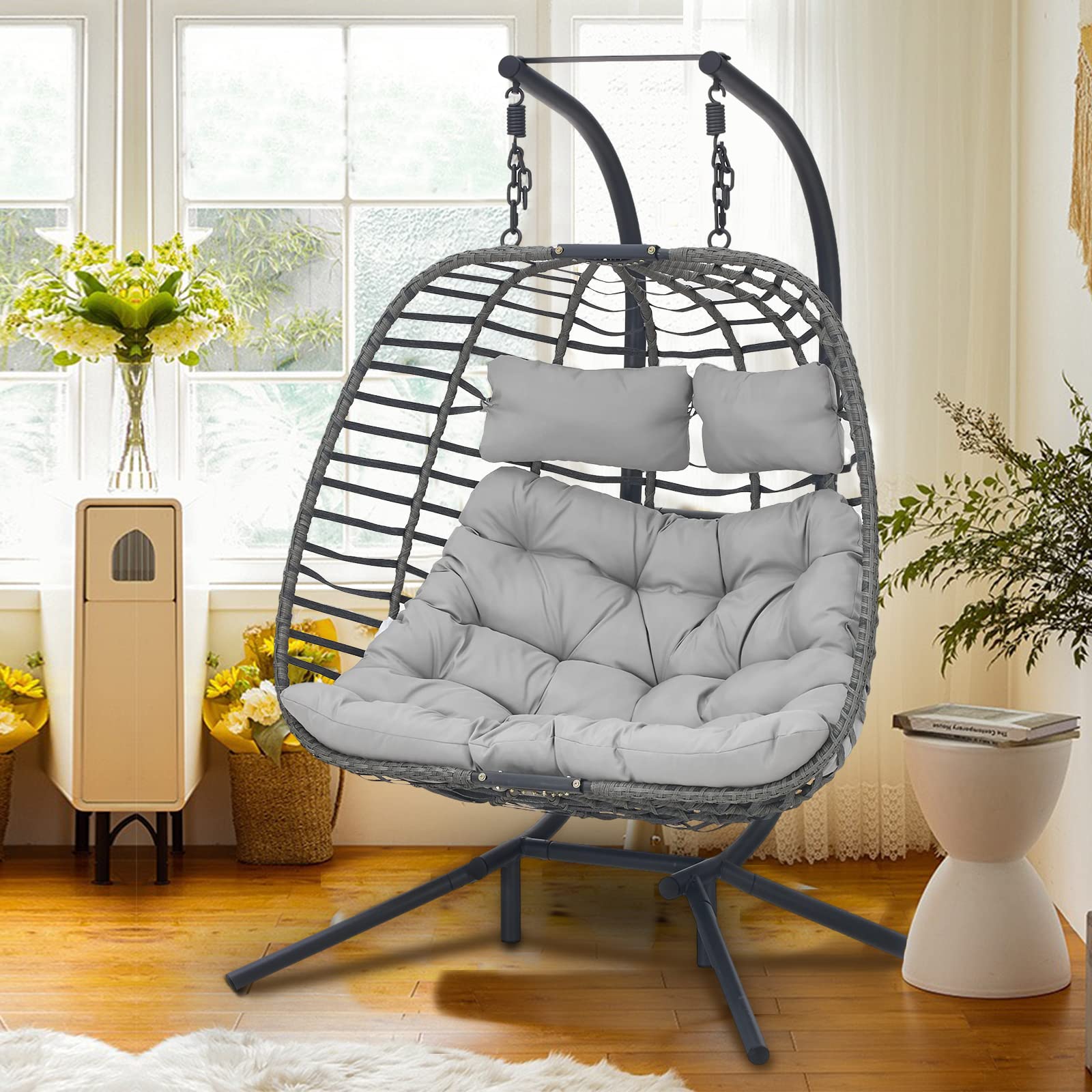 IRONKOM 2 Person Wicker Double Swing Chair with Cushion Grey