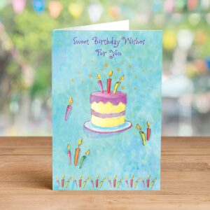 Designer Greetings Special Thoughts Happy Birthday Cards, “Sweet Birthday Wishes” Cake with Candles Design (Pack of 6 Cards with Yellow Envelopes)