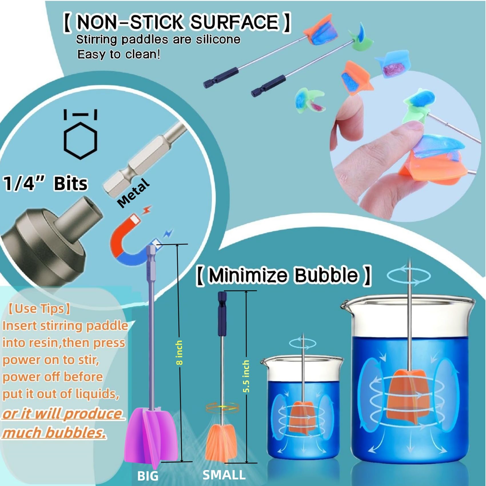 4/Large+4/Small Sizes Silicone Resin Mixer Paddles,Reusable Reusable Paint and Resin Mixer Paddle to Mix Epoxy Resin, Paint, Ceramic Glaze and Reduce Bubbles - Paint Mixer for Drill (4/Large+4/Small)