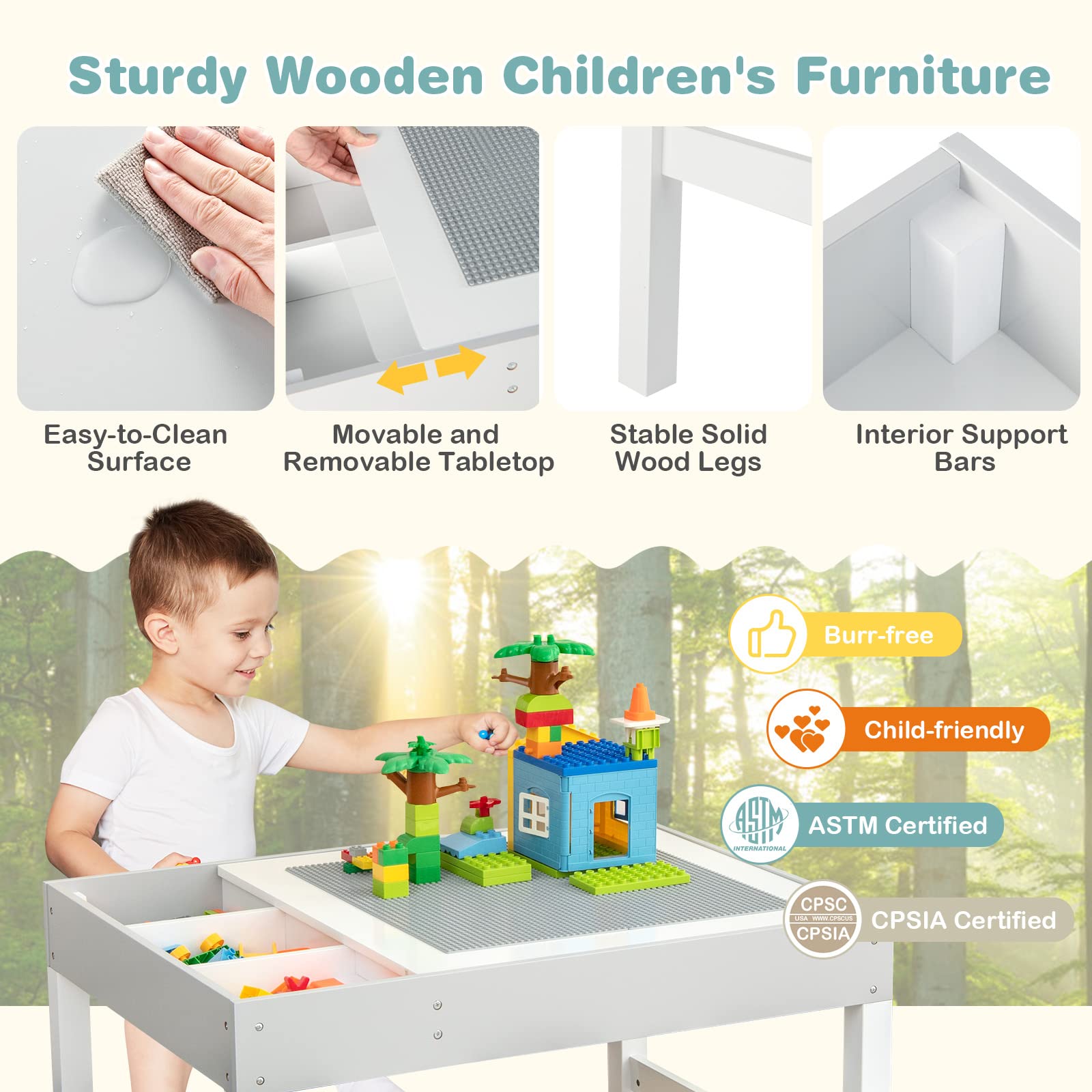 Costzon Kids Table, 3 in 1 Wooden Building Block Desk w/Storage, Double-Sided Tabletop for Toddler Arts, Crafts, Drawing, Reading, Playing, Gift for Boys Girls, Children Activity Table (White & Gray)