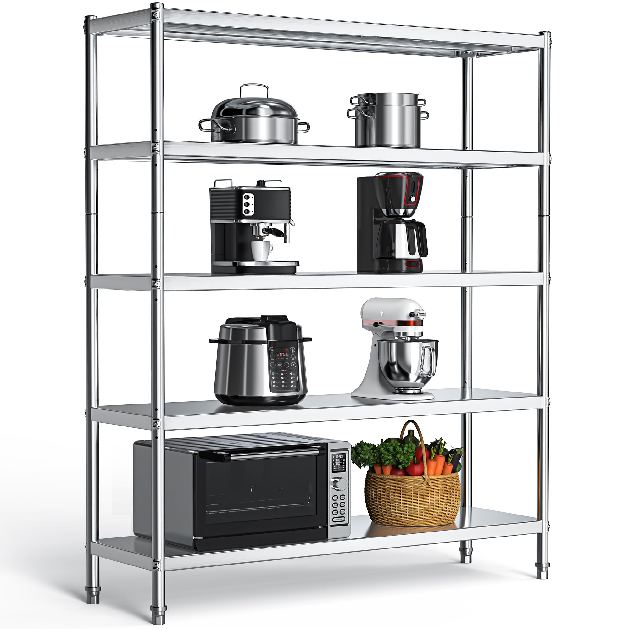 YITAHOME NSF Stainless Steel Shelves, 60"*18"*72" 5 Tier Storage Shelf, Heavy Duty Shelving for Kitchen Garage Office Restaurant Warehouse, 201 Bright Silver