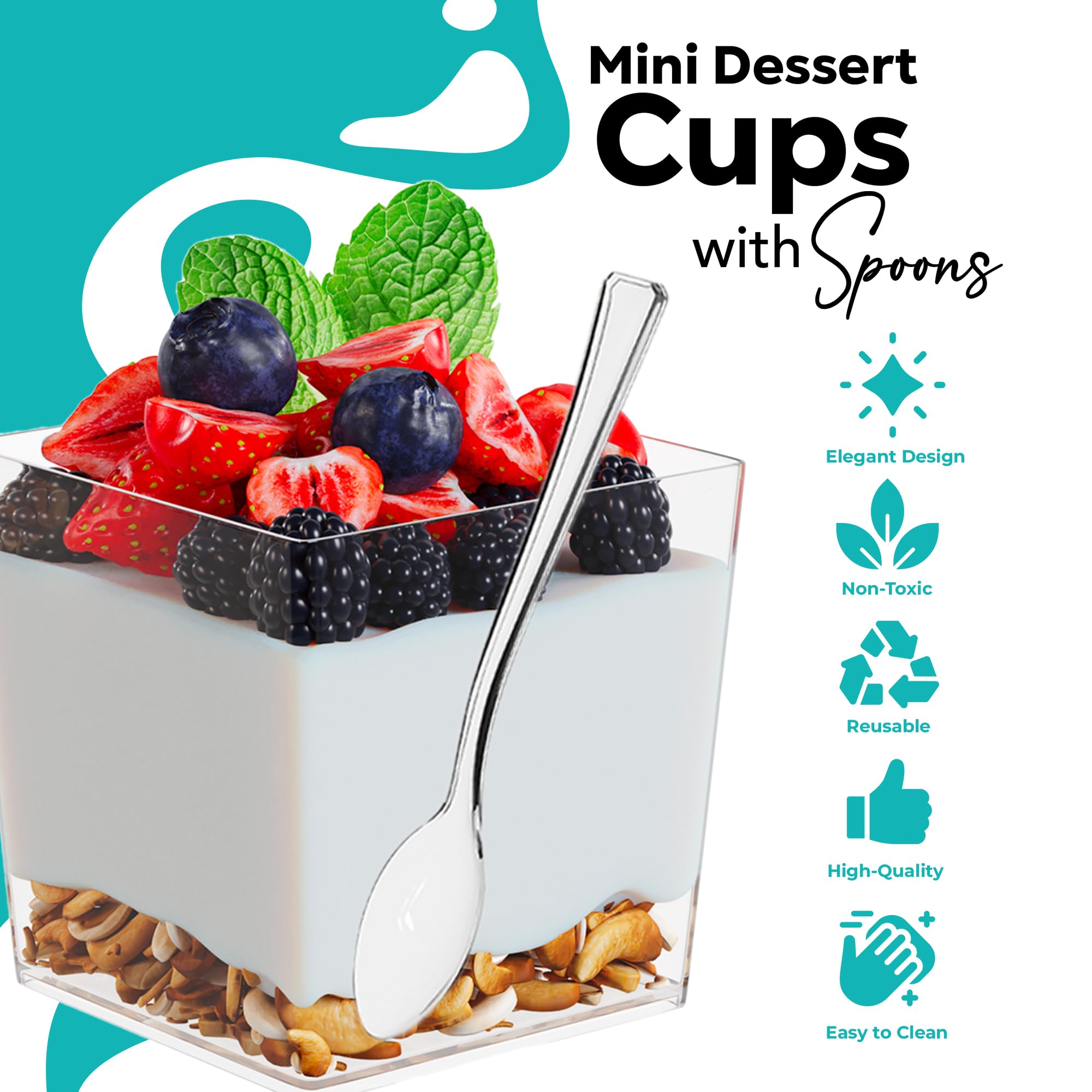 Exquisite Mini Dessert Cups with Spoons 400 Pcs - 3.6 Oz Square Dessert Cups With Tasting Spoons 200 Sets | Mini Parfait Cups | Appetizer Cups For Party | Plastic Dessert Cups