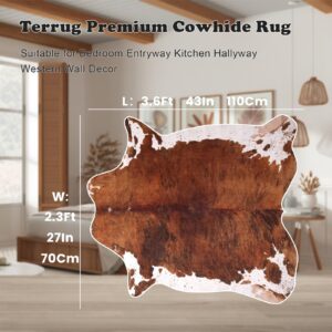 Terrug Small Cowhide Rug Western Decor, 3.6 x 2.3 Feet Premium Western Cow Print Rug, Faux Cowhide Rug for Living Room Bedroom Entryway Kitchen Hallyway Party Wall Home Decor, Brown