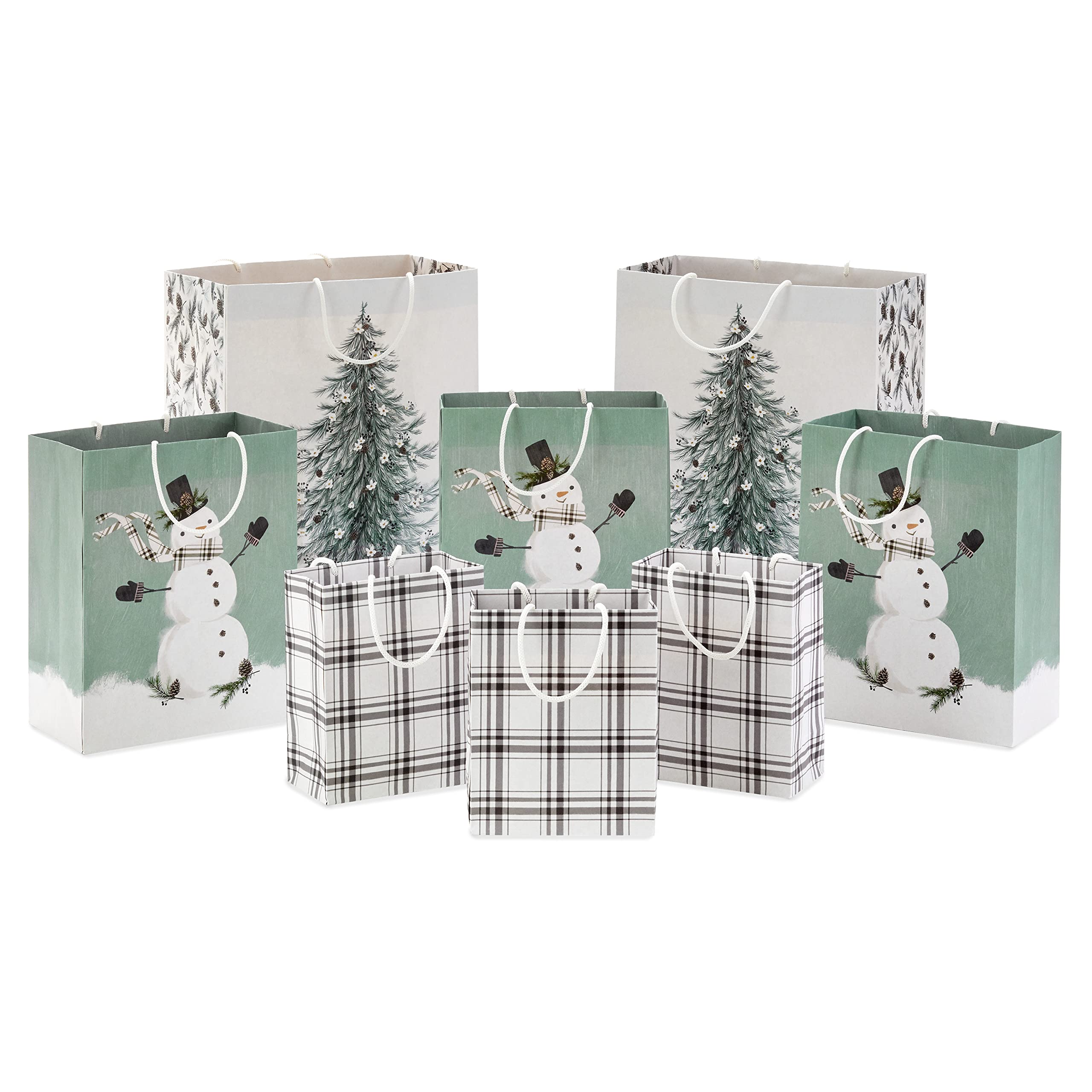 Hallmark Christmas Gift Bag Assortment (8 Bags: 3 Small 6", 3 Medium 9", 2 Large 13") White and Sage Green with Rustic Snowman, Plaid, Evergreen Tree for Christmas, Winter Weddings, Birthdays