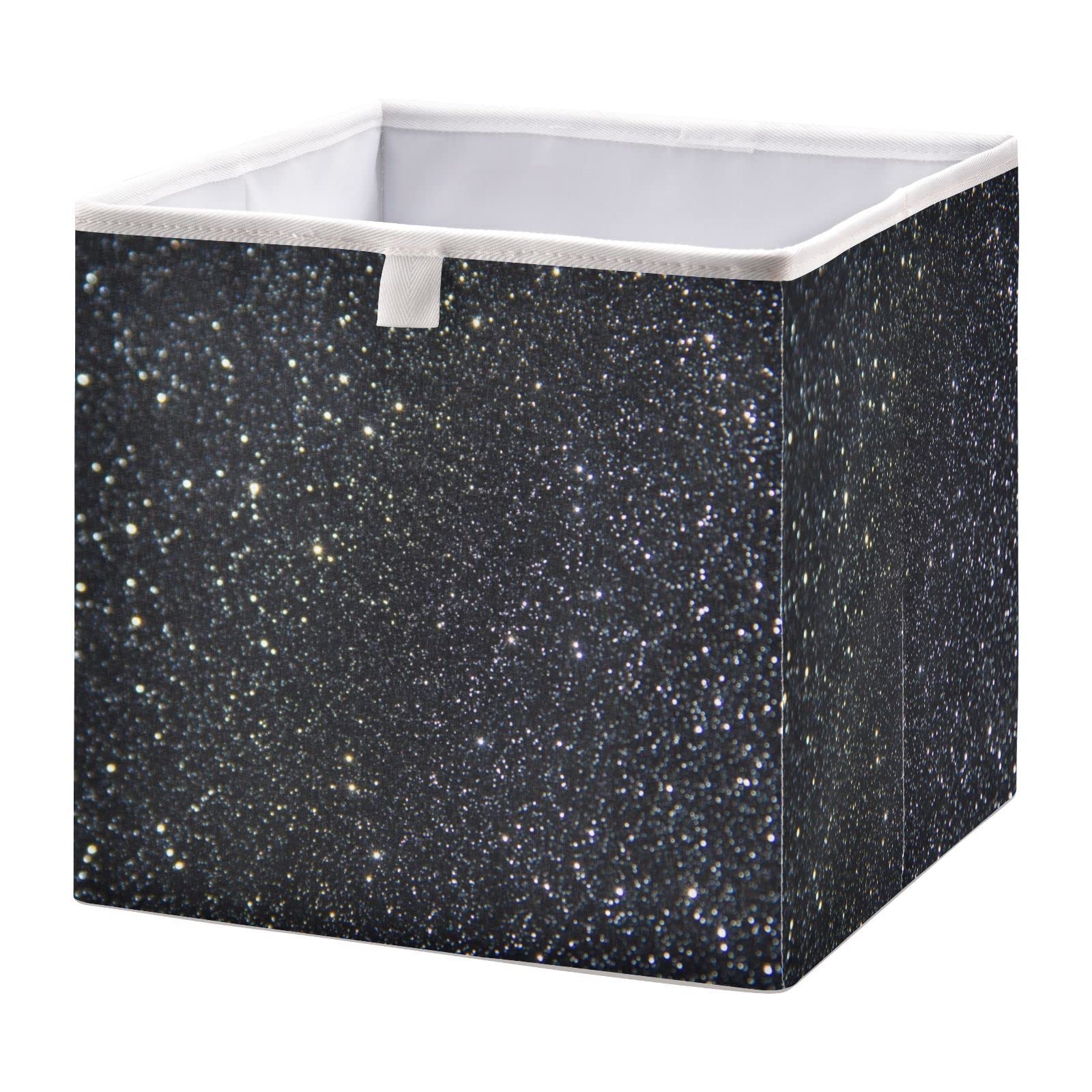 QUGRL Black Metallic Sparkle Storage Bins Organizer Glitter Space Shiny Foldable Clothes Storage Basket Box for Shelves Closet Cabinet Office Dorm Bedroom 15.75 x 10.63 x 6.96 in