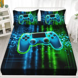 Datura home Video Gamer Sheet Set 4Pcs Kids Green Black Gamepad Modern Gamer Gaming Printed Sheet Set with 1 Flat Sheet and 1 Fitted Sheet + 2 Pillowcases for Boys(Gamepad Twin)