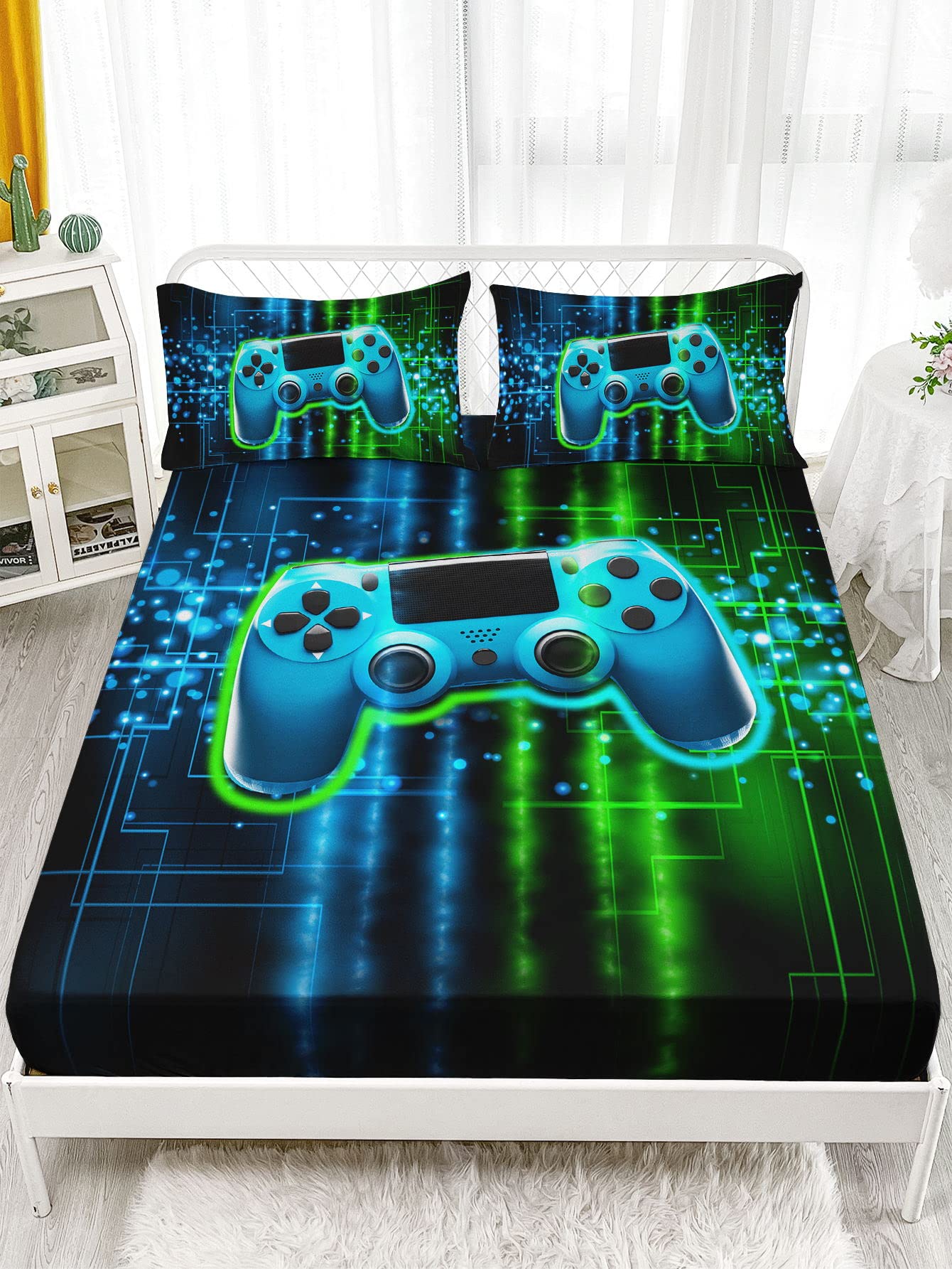 Datura home Video Gamer Sheet Set 4Pcs Kids Green Black Gamepad Modern Gamer Gaming Printed Sheet Set with 1 Flat Sheet and 1 Fitted Sheet + 2 Pillowcases for Boys(Gamepad Twin)