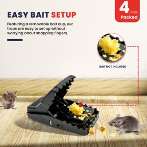 Power Rat Trap - 4 Pack Snap Traps for Indoor & Outdoor Use - Quick Catch, Reusable Rodent & Mouse Control - Safe, Easy-to-Use with Removable Bait Cup, Effective for Mice and Rats