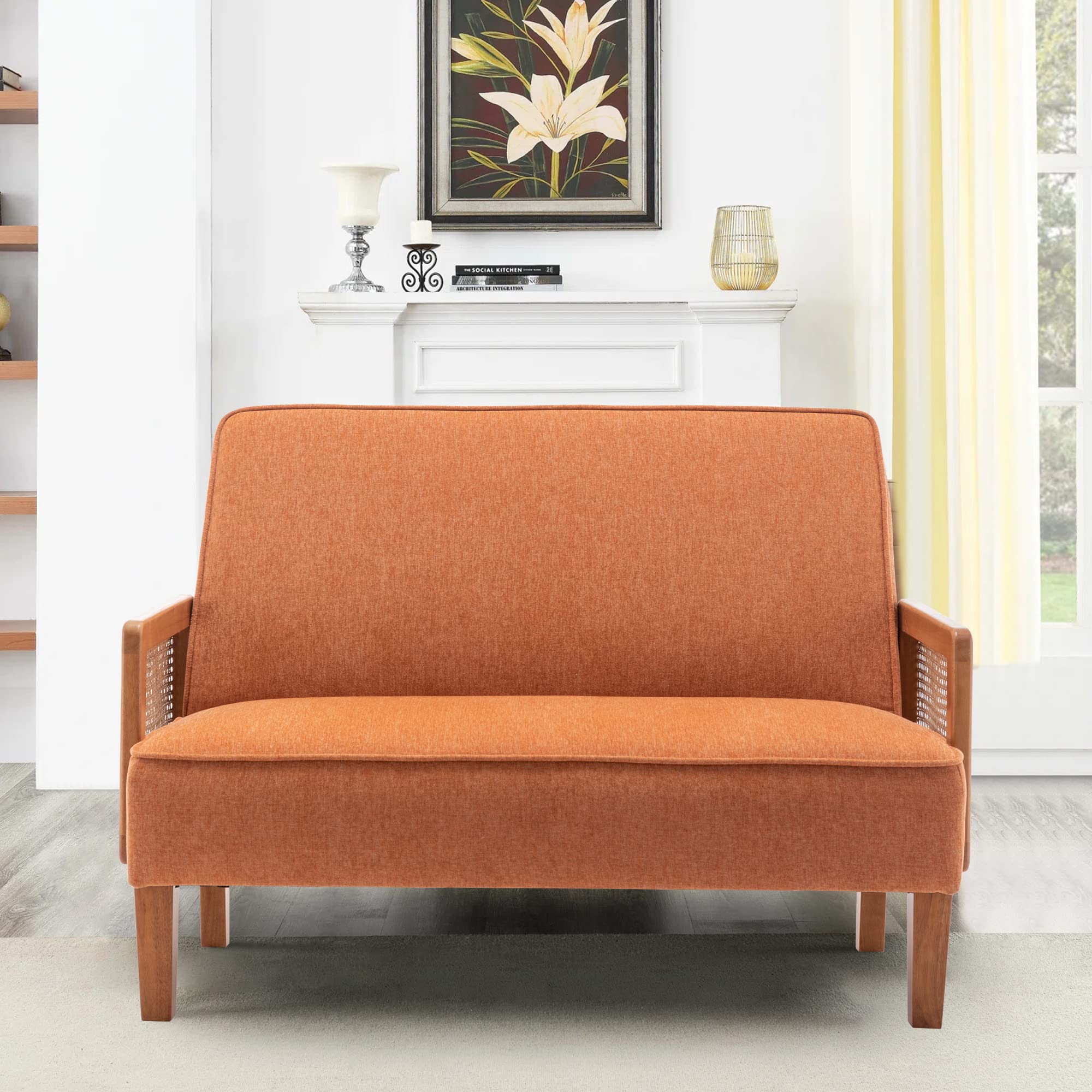 Changjie Furniture Rattan Sofa Small Loveseat Sofa Couch with Arms Upholstered Small Love seat Mini Sofa Couch for Bedroom Living Room Orange