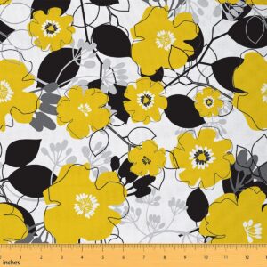 yellow flowers fabric by the yard,black and white leaves plant upholstery fabric for chairs sofa,geometric line floral waterproof fabric for upholstery and home diy projects,1 yard