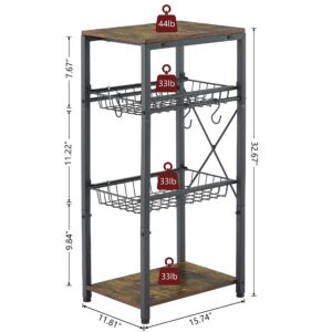 Gewudraw Kitchen Bakers Rack, Kitchen Storage Shelf with Pullout Wire Basket & 4 Side Hooks, Coffee Bar Station with Wine Rack - Rustic Brown, Perfect for Organizing Your Kitchen Essentials