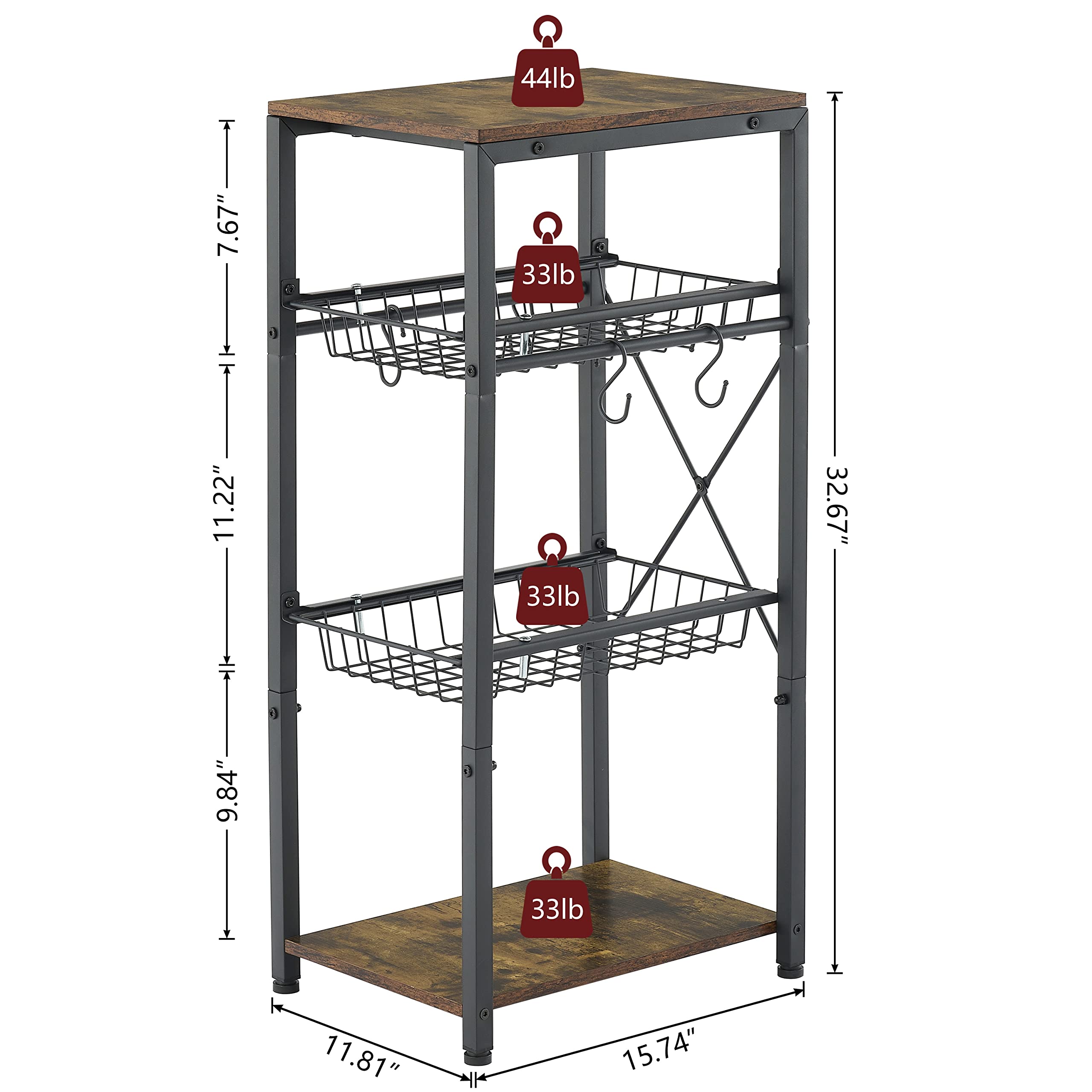 Gewudraw Kitchen Bakers Rack, Kitchen Storage Shelf with Pullout Wire Basket & 4 Side Hooks, Coffee Bar Station with Wine Rack - Rustic Brown, Perfect for Organizing Your Kitchen Essentials