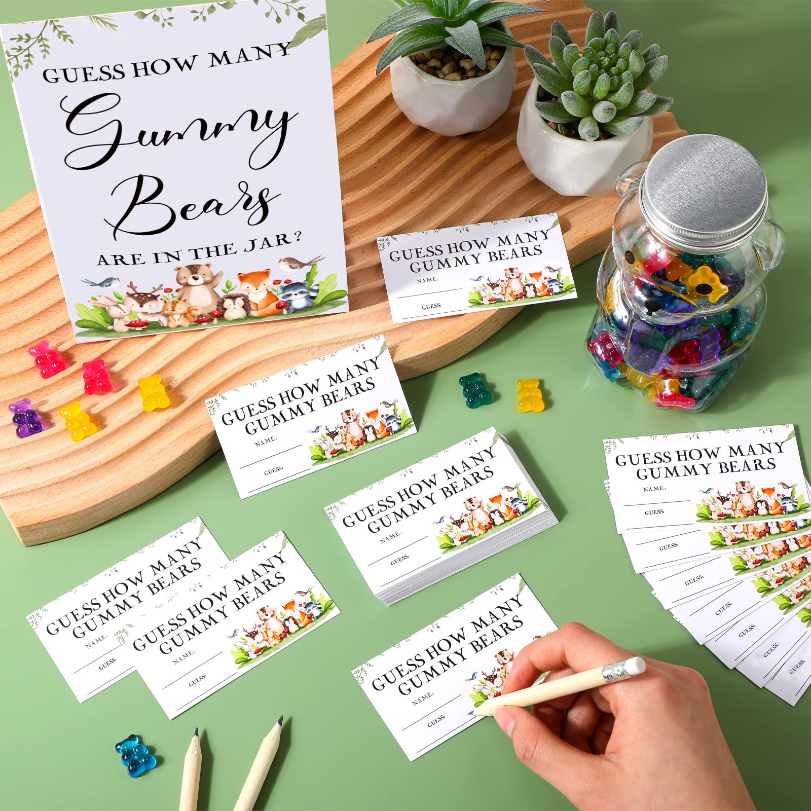 Baby Shower Games Guess How Many Bears Woodland Games Sign 50 Guessing Game Cards 10 HB Pencils 1 Cute Bear Bottle for Guests Gender Reveal Party Favors