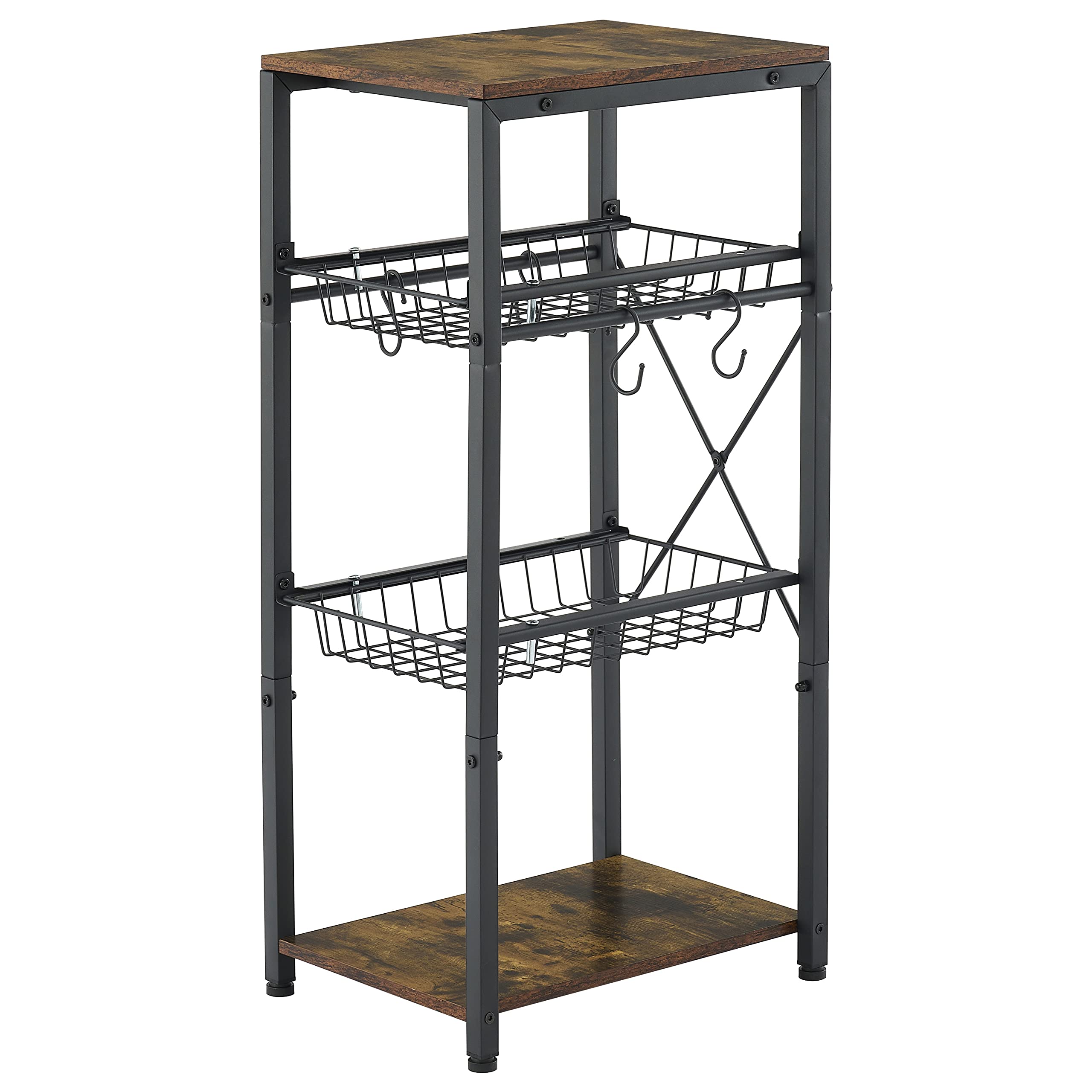 Gewudraw Kitchen Bakers Rack, Kitchen Storage Shelf with Pullout Wire Basket & 4 Side Hooks, Coffee Bar Station with Wine Rack - Rustic Brown, Perfect for Organizing Your Kitchen Essentials