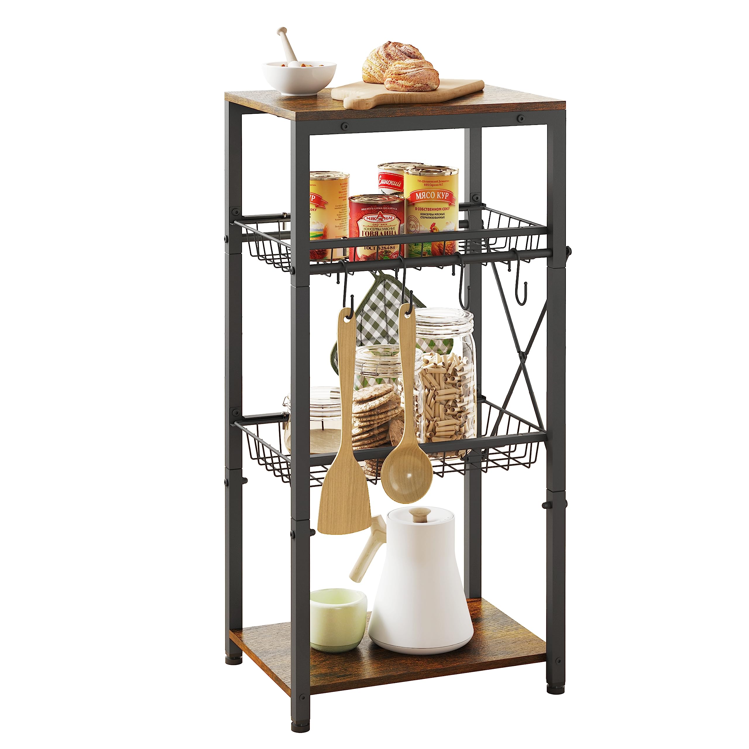 Gewudraw Kitchen Bakers Rack, Kitchen Storage Shelf with Pullout Wire Basket & 4 Side Hooks, Coffee Bar Station with Wine Rack - Rustic Brown, Perfect for Organizing Your Kitchen Essentials