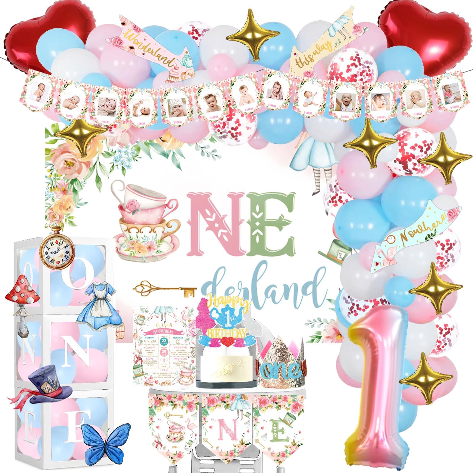 138 PCs Alice in Wonderland 1st Birthday Party Decorations, Hombae Alice in Onederland First Backdrop Balloon Garland Arrow Sign Monthly Photo Highchair Banner Box Cutout Cake Topper Crown Poster