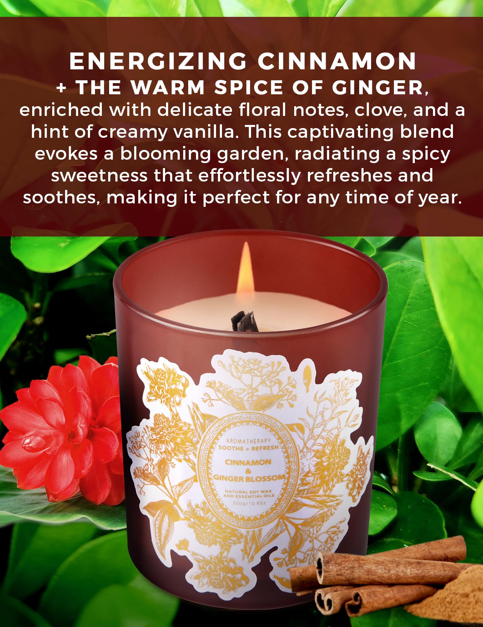 Cinnamon Ginger Blossom Wood Wick Scented Candle | Big Candle for Home Decor 10.6 oz Scented Soy Candle, Relaxing Candles for Women and Men, Aromatherapy Candle Gift