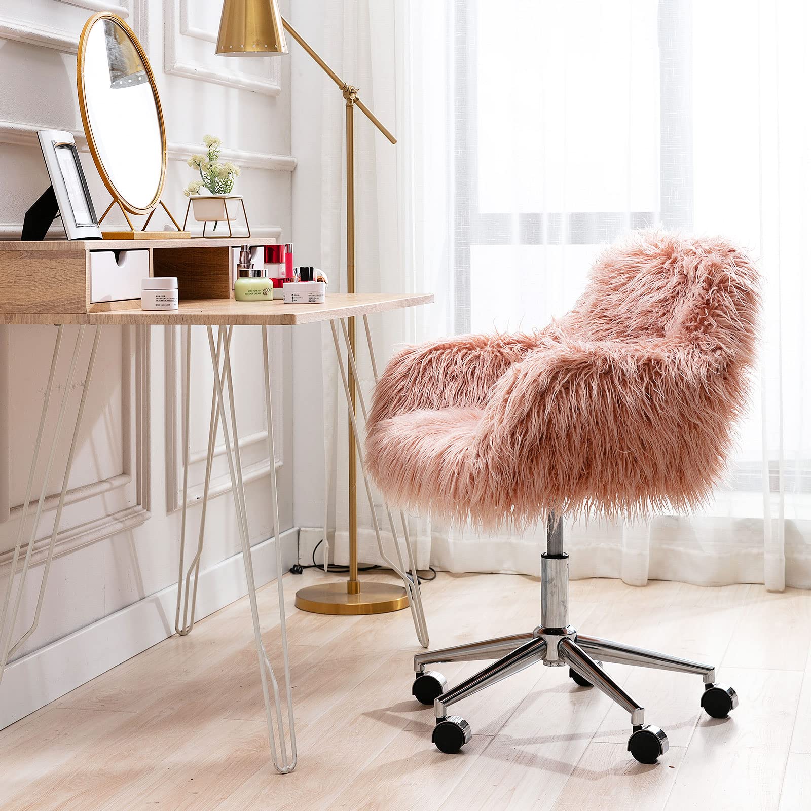 Modern Swivel Vanity Chair with Wheels for Bedroom Pink Faux Fur Desk Chair for Makeup Room Cute Upholstered Accent Swivel Chair for Living Room Small Home Office