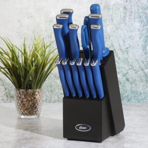 Oster Langmore 15 Piece Stainless Steel Cutlery Knife Block Set W/Black Box – Classic Blue Handles