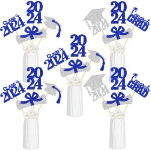 blue and silver 2024 graduation centerpiece sticks graduation party centerpieces for tables 2024, graduation table toppers 2024 blue class of 2024 graduation table centerpieces decorations - 24pcs